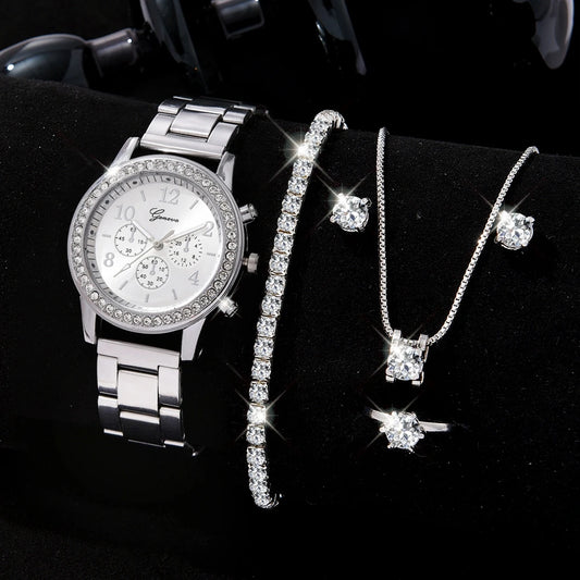 6PCS IVAJEWEL Watch Women Ring Necklace Earrings Rhinestone Fashion Wristwatch Female Casual Ladies Watches Bracelet Set Clock